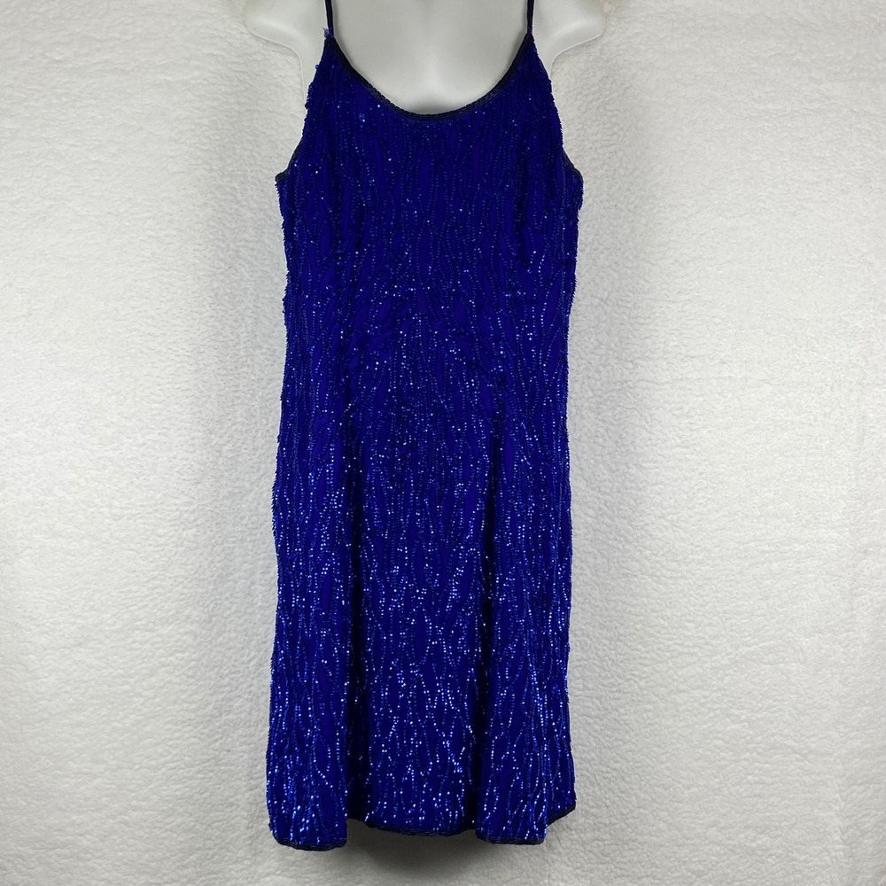 Stenay Vintage Royal Blue Beaded Silk Sequin Cocktail Dress Size 16 Sleeveless